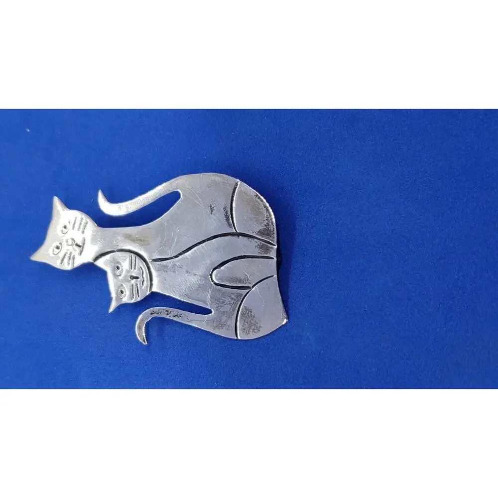 Vintage Brooch Cat & Kitten 925 Sterling Silver Mexico Cats MCM 1960s Cat Lover